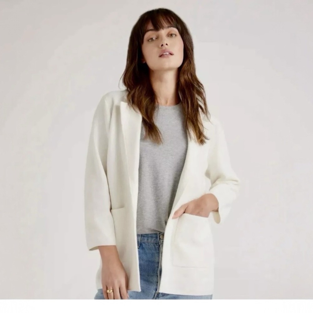 NWT Quince Ivory 100% Cotton Knit Blazer Sweater Open Front Oversized